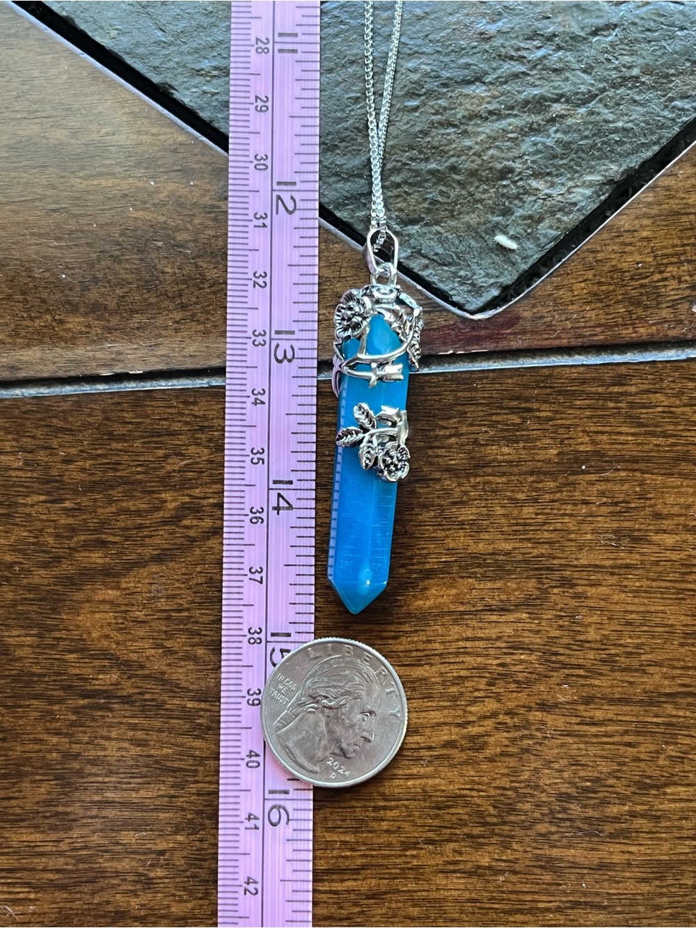 Silver Floral Cage Blue Agate Crystal Pendant Necklace